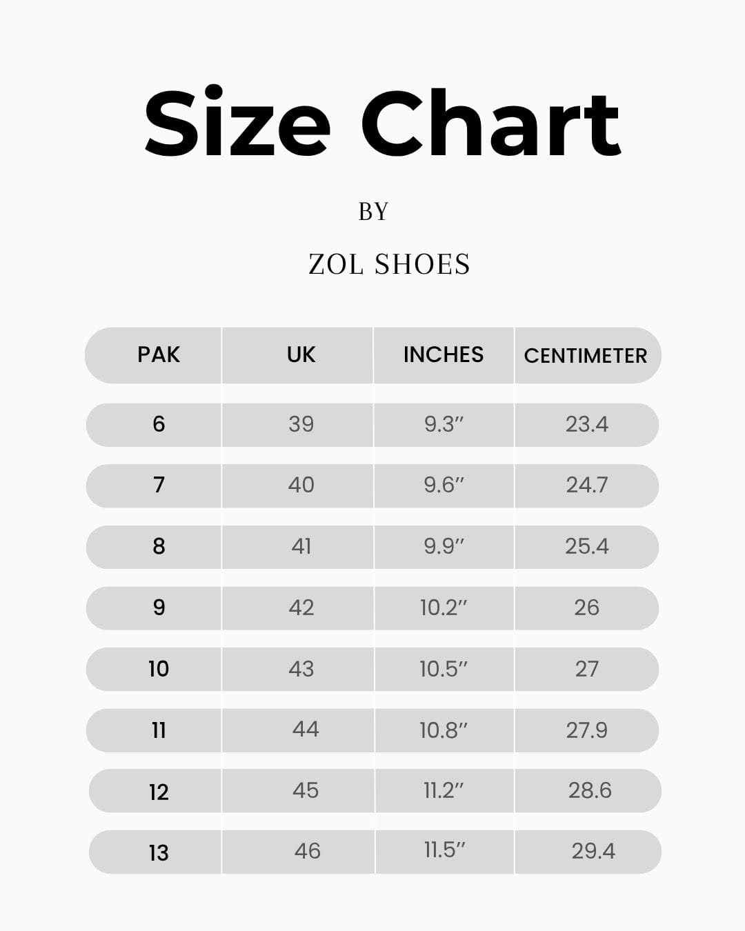 Zol Shoes Size Chart Guide